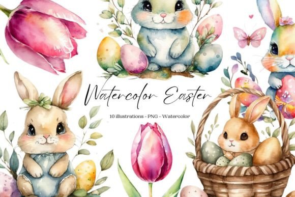 Download Watercolor Easter Eggs, Baskets, Bunnies - Premium Resources